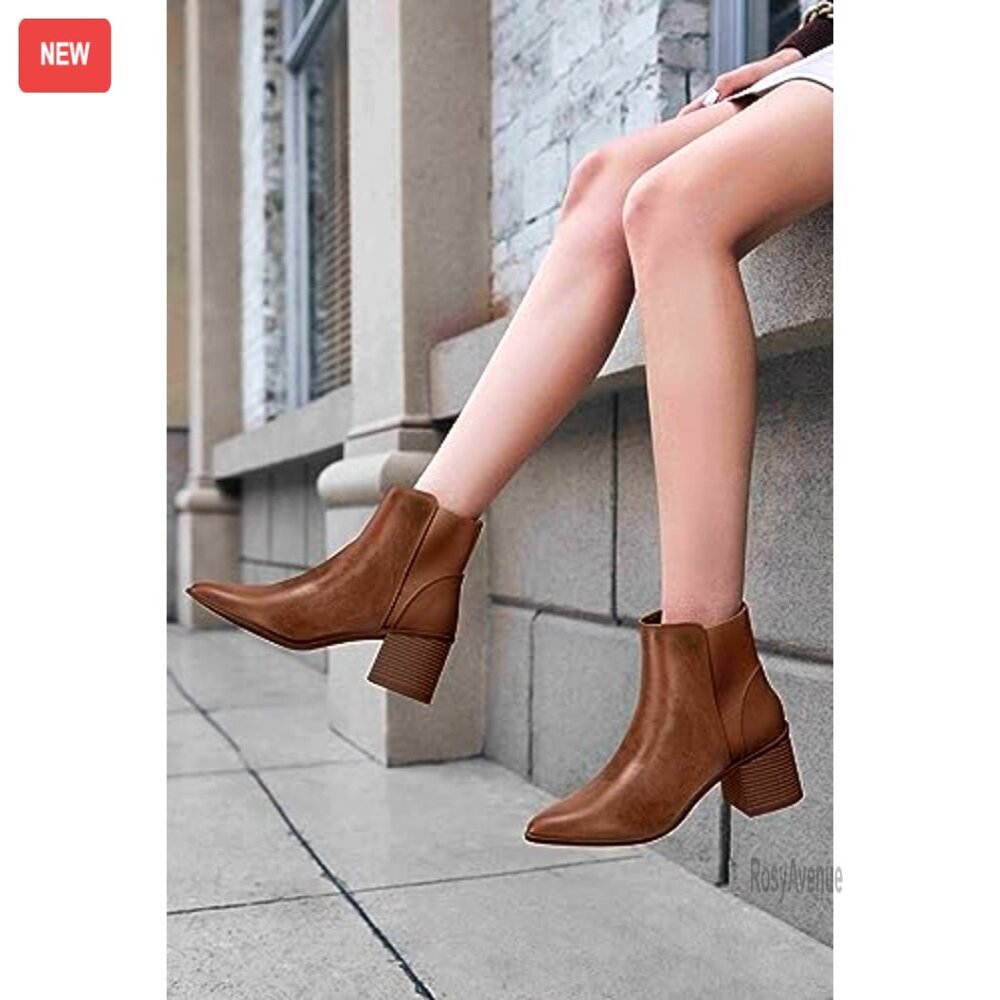 Pointed Toe Ankle Boots Elastic Chunky Block Heel Slip On Chelsea Booties - Picture 2 of 7